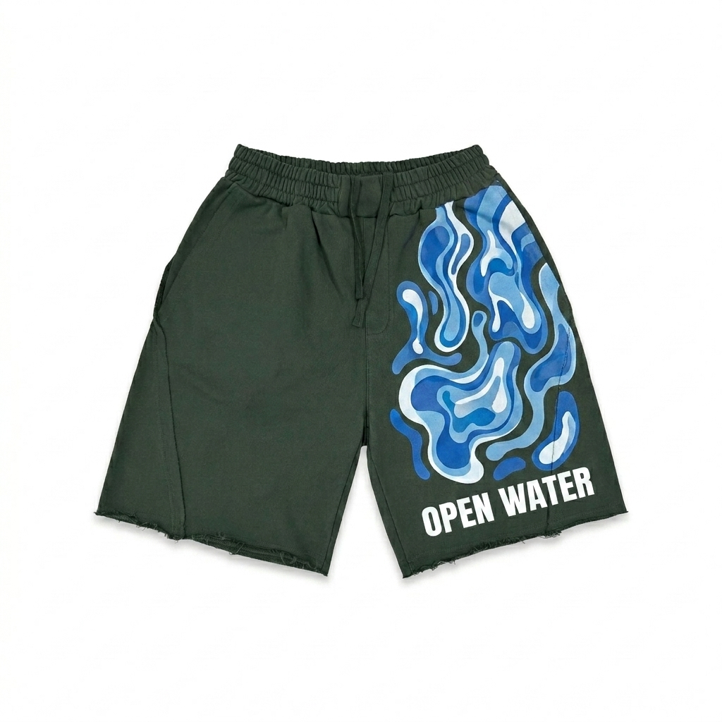Custom Vintage Washed Tiger Stripe Shorts design direction 2: Bold Abstract Graphic featuring the OPEN WATER wordmark