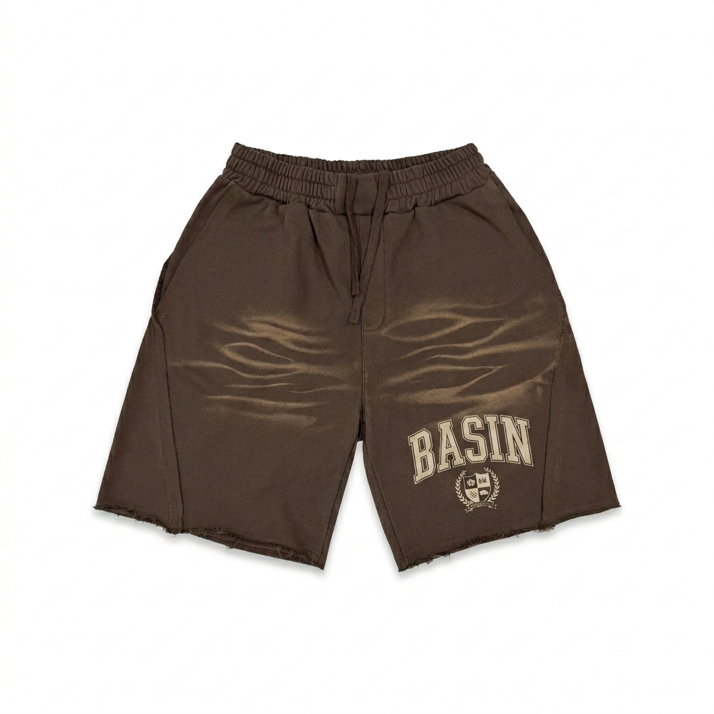Custom Vintage Washed Tiger Stripe Shorts design direction 3: Retro Collegiate Emblem featuring the BASIN wordmark