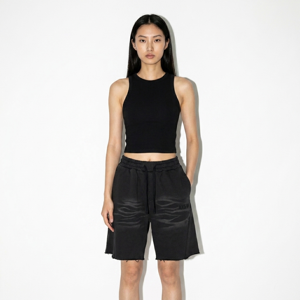 Vintage Washed Tiger Stripe Shorts worn by a slim tall Chinese female fashion influencer, workwear utility styling, studio lookbook — custom vintage washed tiger stripe shorts