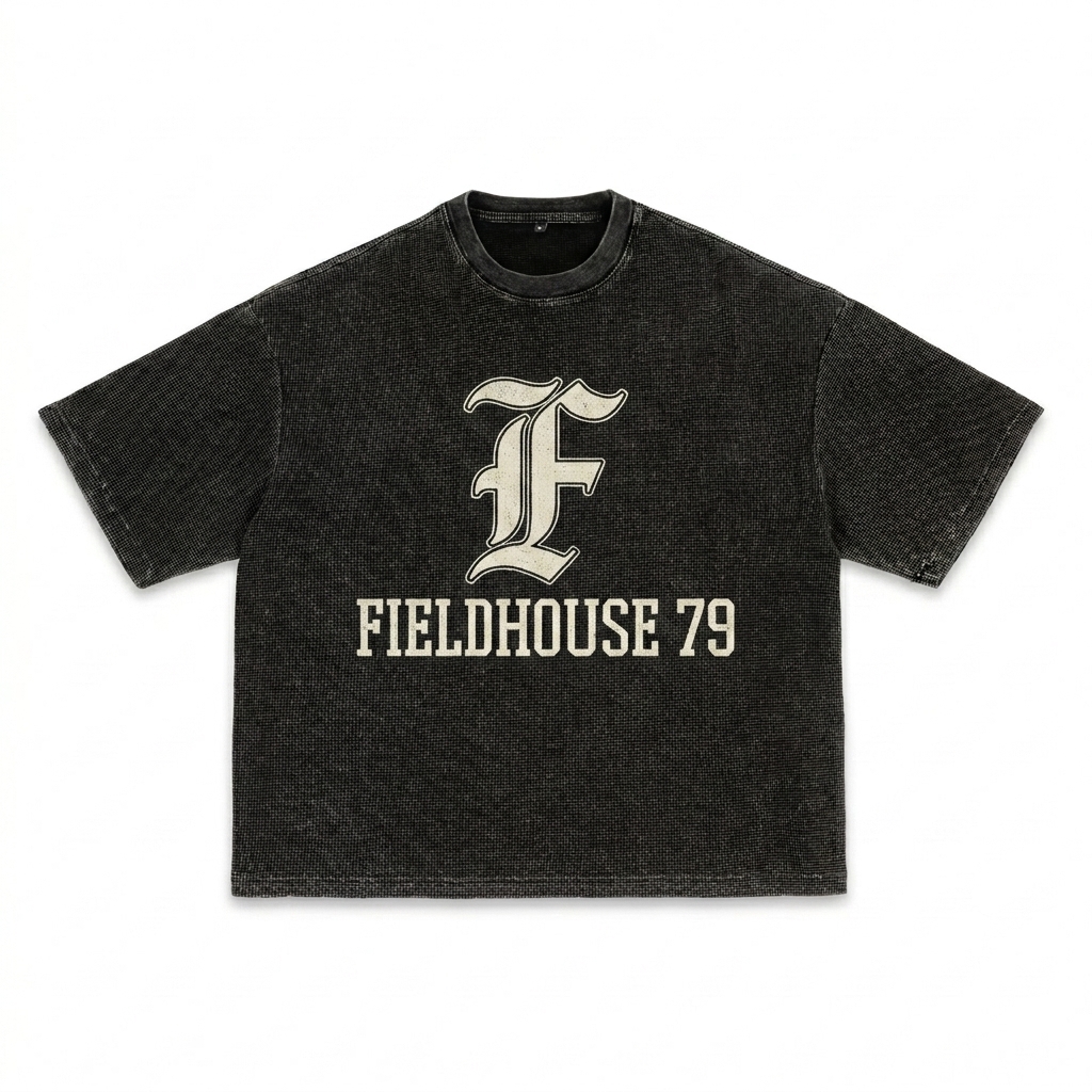 Custom Textured Waffle Boxy T-Shirt design direction 3: Retro Collegiate Emblem featuring the FIELDHOUSE wordmark