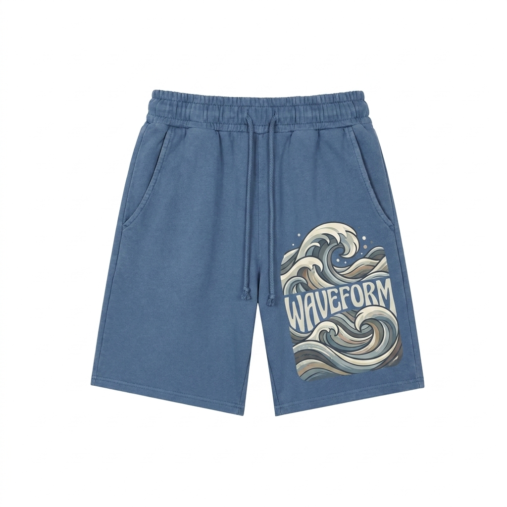 Custom Washed Cotton Lounge Shorts design direction 2: Abstract Graphic Illustration featuring the WAVEFORM wordmark
