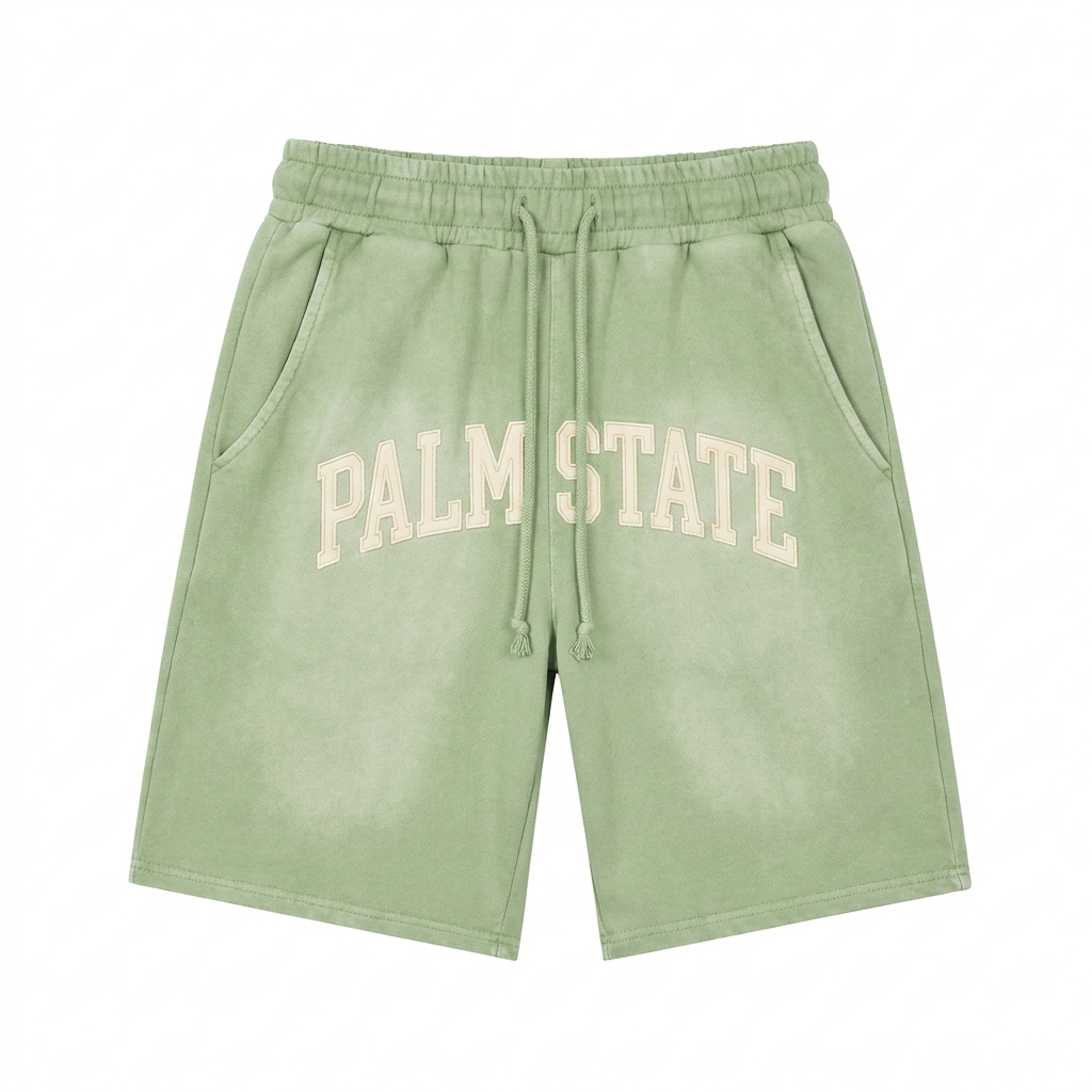Custom Washed Cotton Lounge Shorts design direction 3: Retro Collegiate Emblem featuring the PALM STATE wordmark