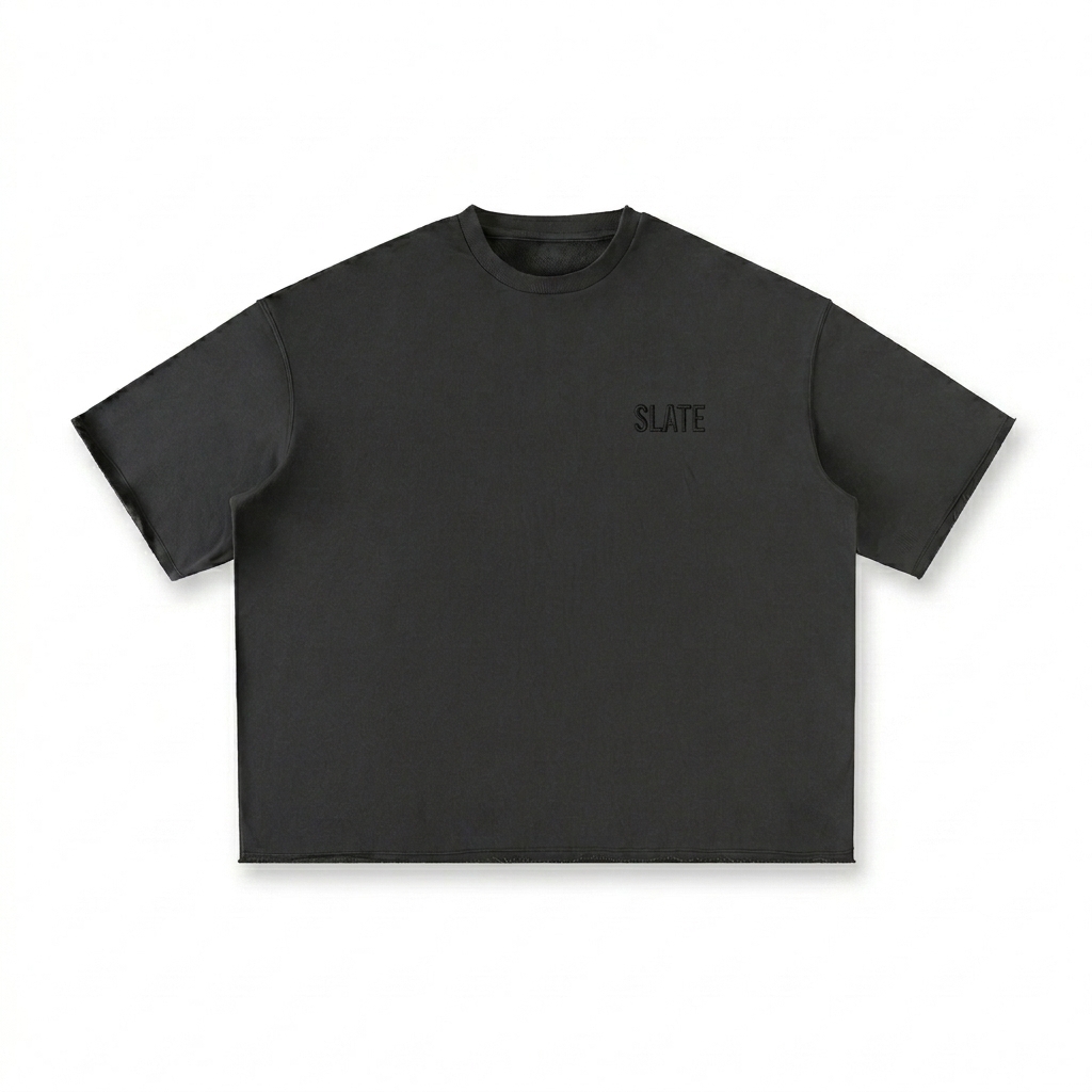 Custom Washed Half-Sleeve T-Shirt design direction 1: Tonal Minimalist Wordmark featuring the SLATE wordmark