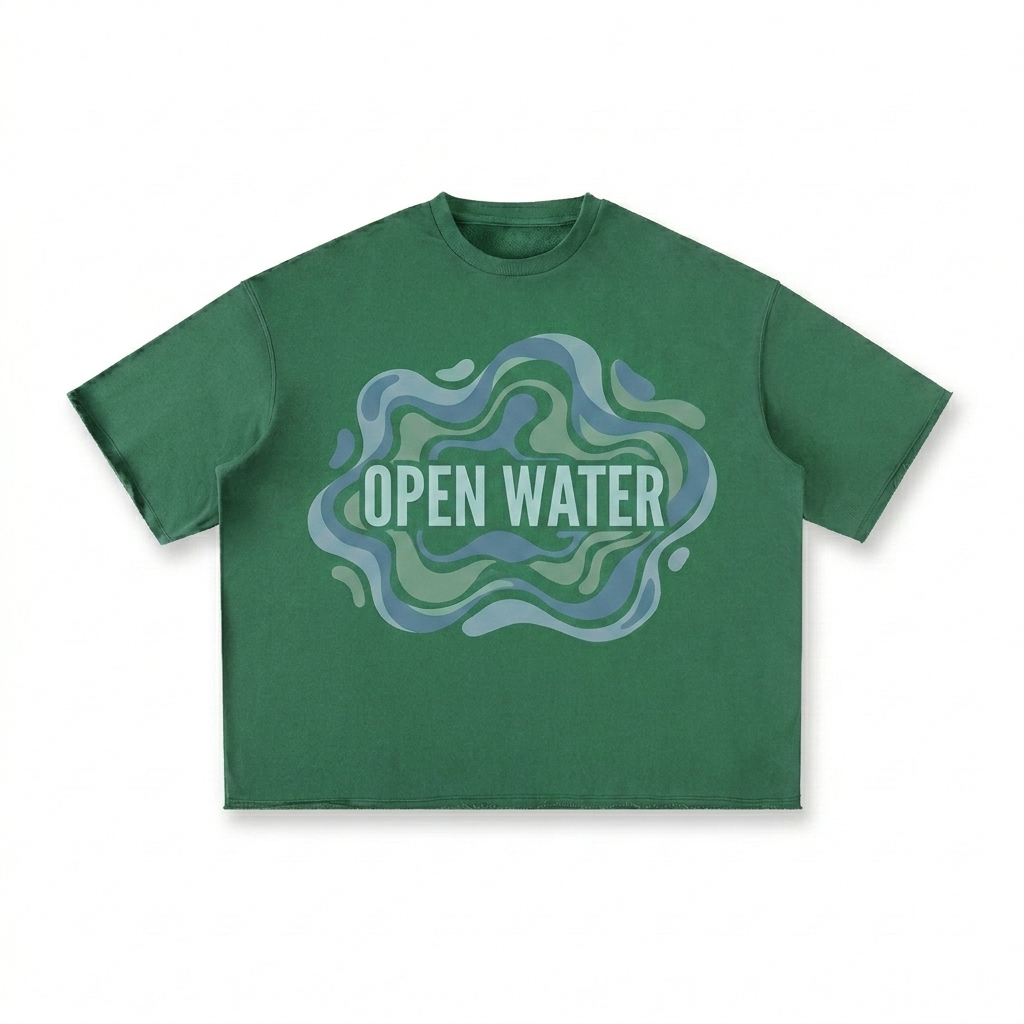 Custom Washed Half-Sleeve T-Shirt design direction 2: Bold Abstract Graphic featuring the OPEN WATER wordmark