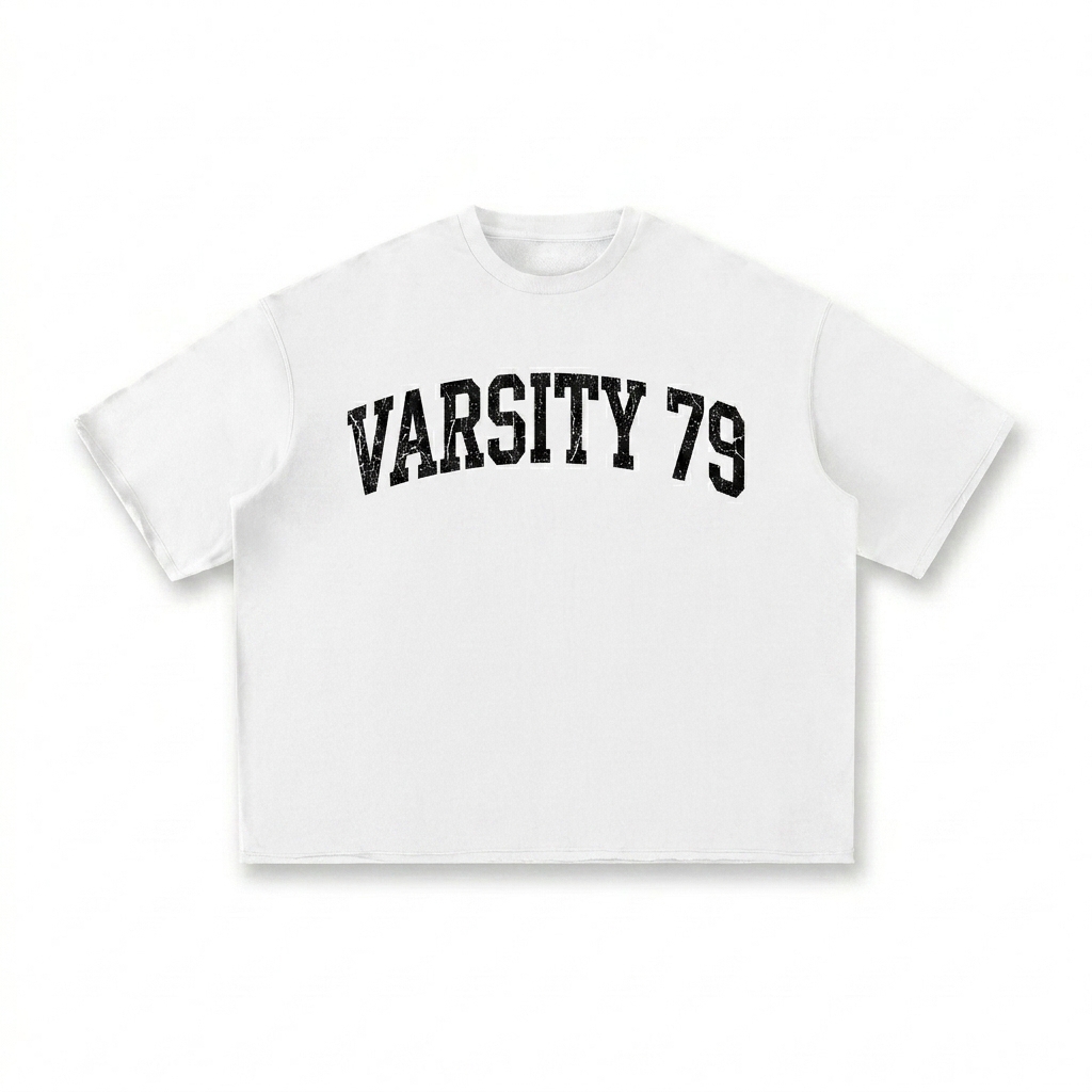 Custom Washed Half-Sleeve T-Shirt design direction 3: Retro Collegiate Emblem featuring the VARSITY 79 wordmark