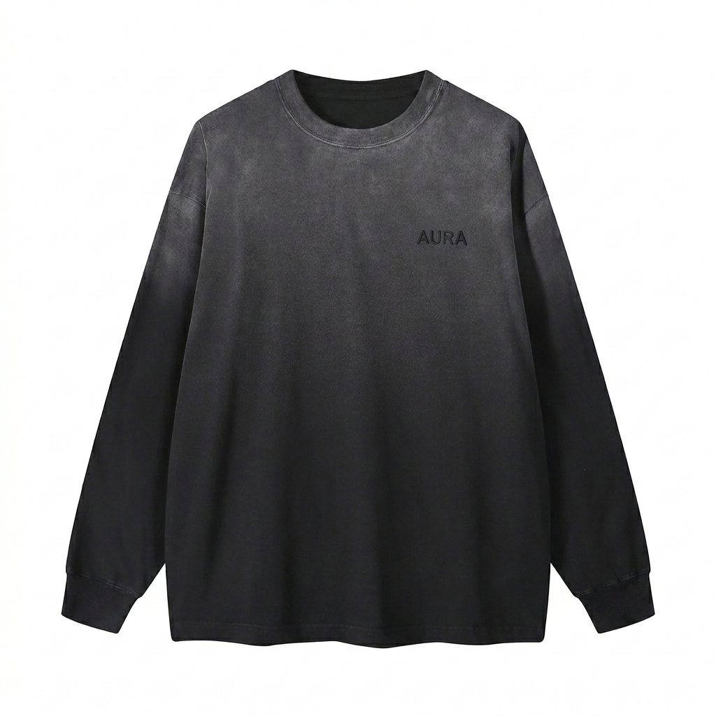Custom Washed Long Sleeve T-Shirt design direction 1: Subtle Tonal Embroidery featuring the AURA wordmark