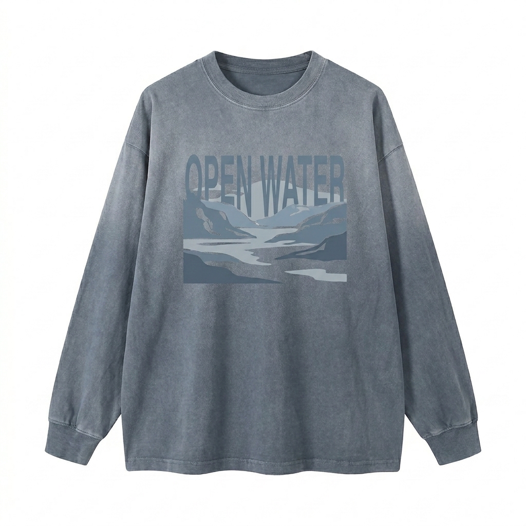 Custom Washed Long Sleeve T-Shirt design direction 2: Abstract Landscape Graphic featuring the OPEN WATER wordmark