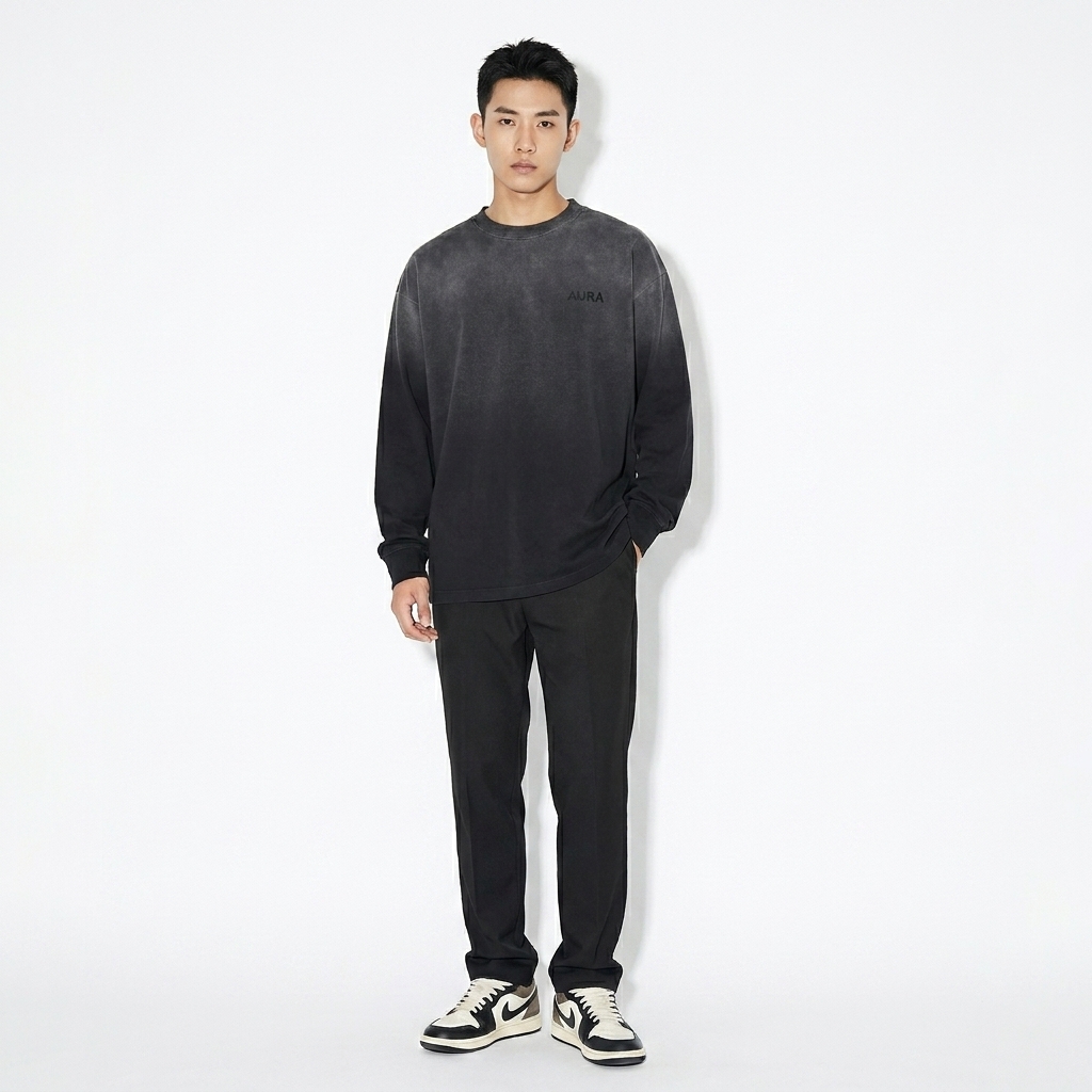 Washed Long Sleeve T-Shirt worn by a petite Chinese male fashion influencer, minimalist luxury styling, studio lookbook — custom washed long sleeve t-shirt