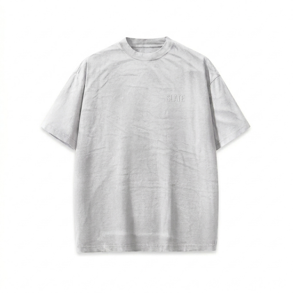 Custom Washed Loose T-Shirt design direction 1: Tonal Identity Wordmark featuring the SLATE wordmark