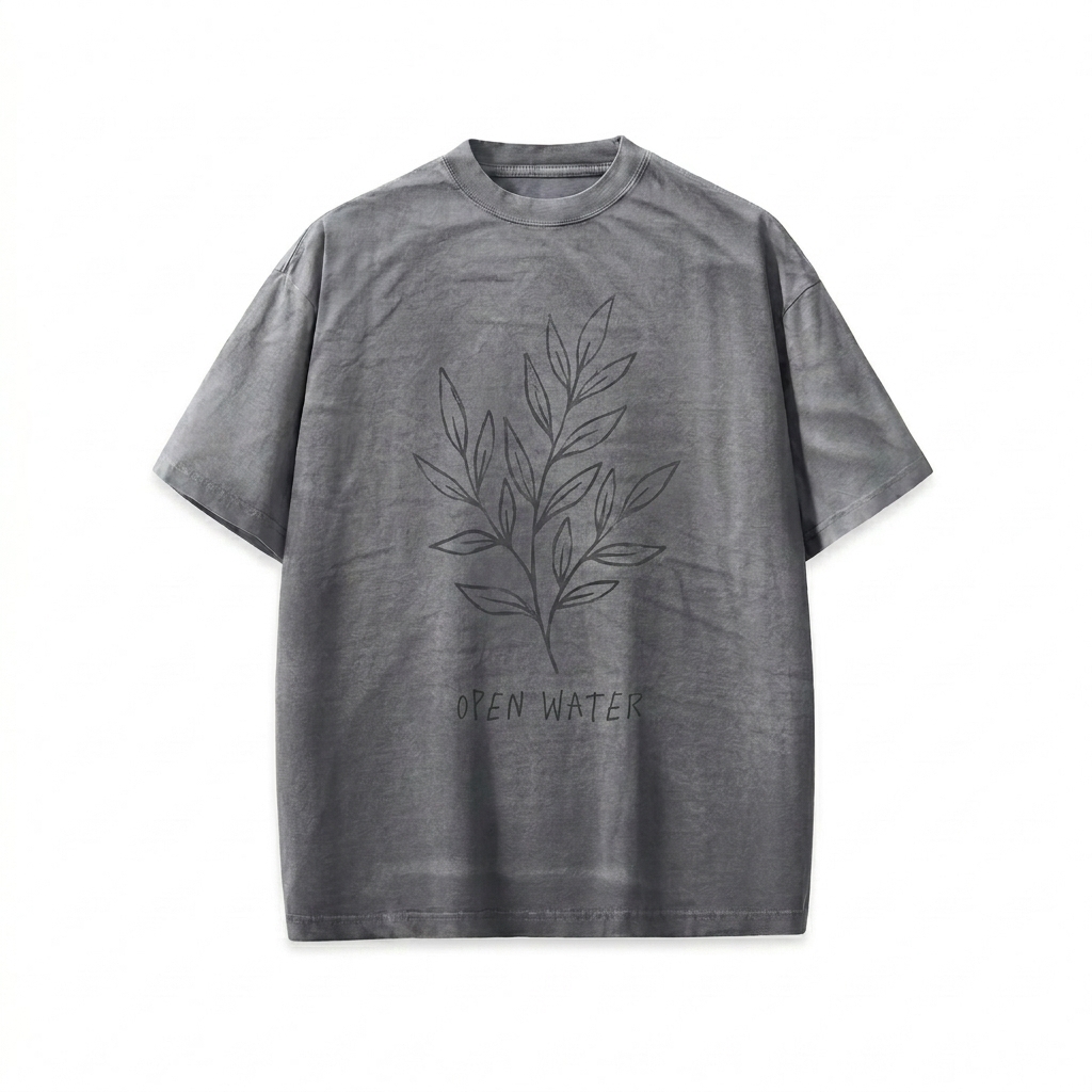 Custom Washed Loose T-Shirt design direction 2: Botanical Sketch Graphic featuring the OPEN WATER wordmark