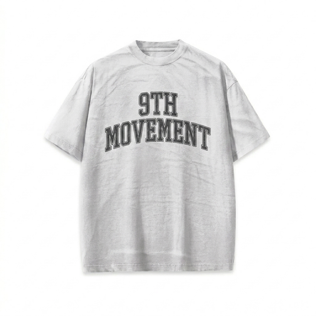 Custom Washed Loose T-Shirt design direction 3: Retro Collegiate Emblem featuring the 9TH MOVEMENT wordmark