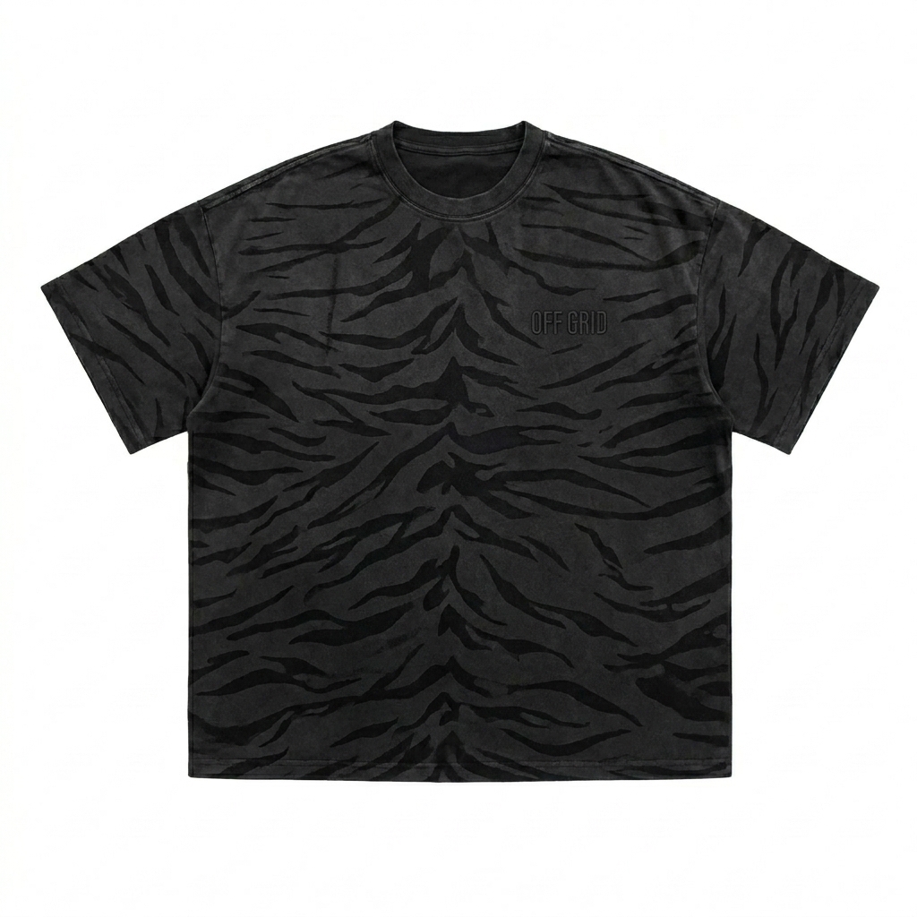 Custom Washed Tiger Stripe T-Shirt design direction 1: Tonal Wilderness Wordmark featuring the OFF GRID wordmark
