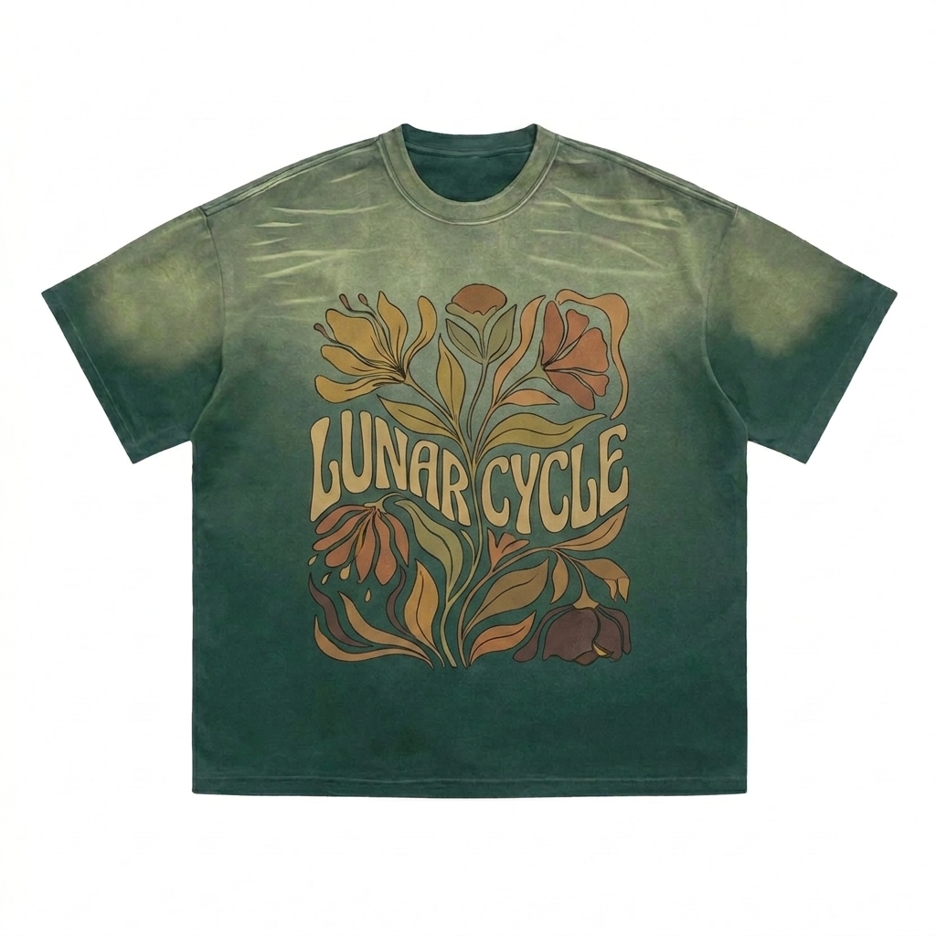Custom Washed Tiger Stripe T-Shirt design direction 2: Abstract Botanical Graphic featuring the LUNAR CYCLE wordmark