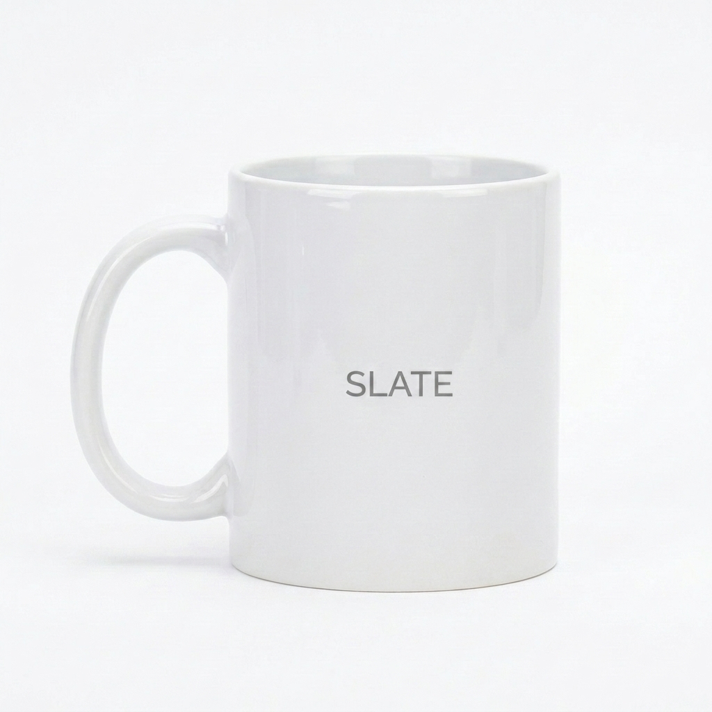 Custom White Glossy Ceramic Mug design direction 1: Subtle Brand Identity featuring the SLATE wordmark