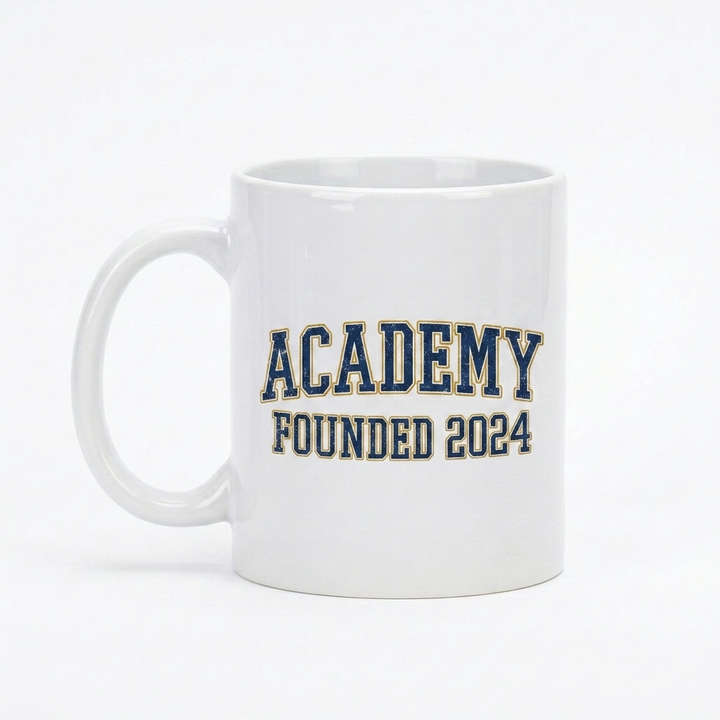 Custom White Glossy Ceramic Mug design direction 3: Classic Collegiate Emblem featuring the ACADEMY wordmark