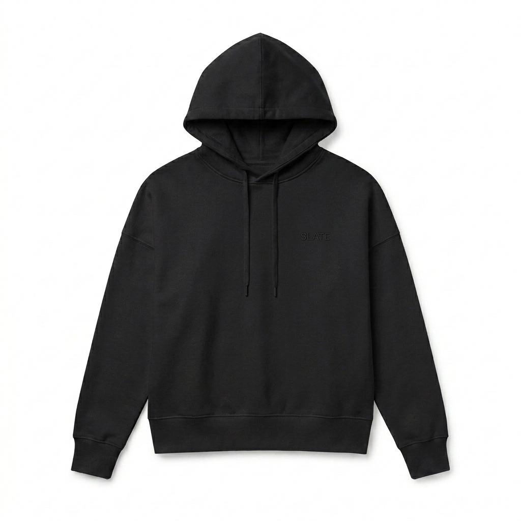 Custom Women's Organic Pullover Hoodie design direction 1: Tonal Minimalist Wordmark featuring the SLATE wordmark