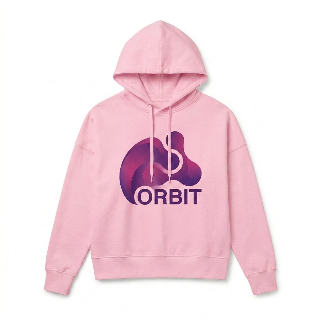Custom Women's Organic Pullover Hoodie design direction 2: Bold Abstract Graphic featuring the ORBIT wordmark