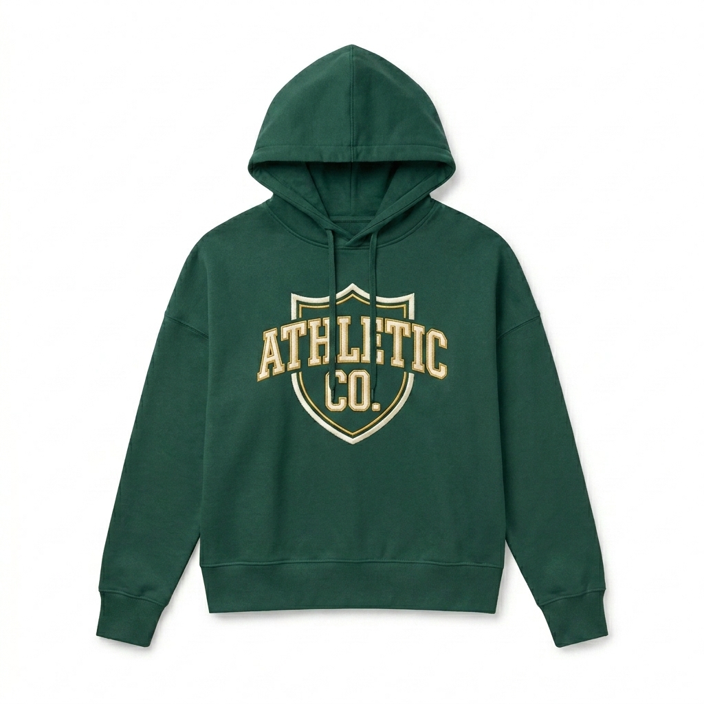 Custom Women's Organic Pullover Hoodie design direction 3: Retro Collegiate Emblem featuring the ATHLETIC CO. wordmark