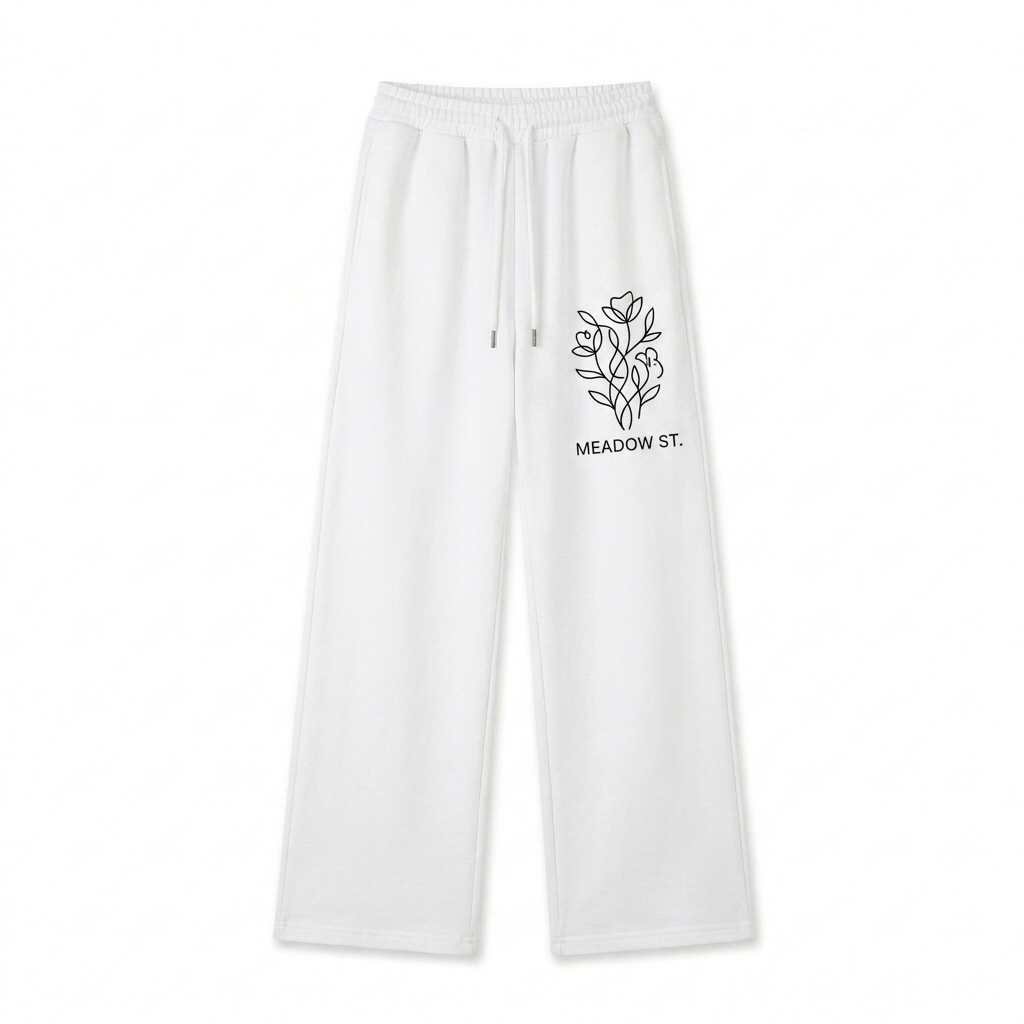 Custom Straight-Leg Sweatpants design direction 2: Botanical Line Art featuring the MEADOW ST. wordmark