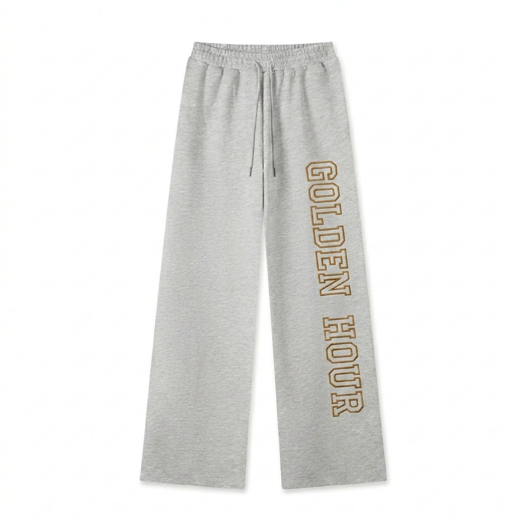 Custom Straight-Leg Sweatpants design direction 3: Varsity Athletic Script featuring the GOLDEN HOUR wordmark