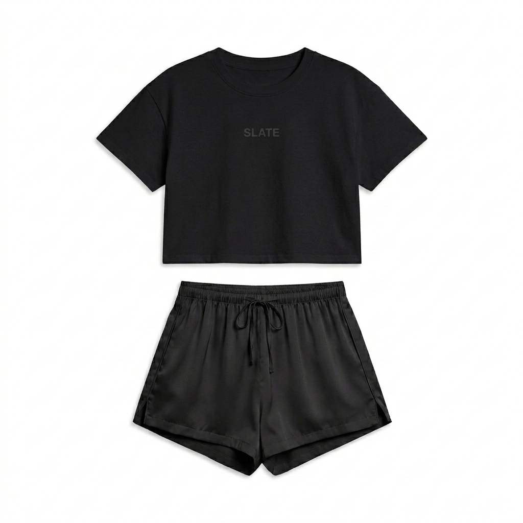 Custom All-Over Print Pajama Shorts design direction 1: Tonal Minimalist Wordmark featuring the SLATE wordmark