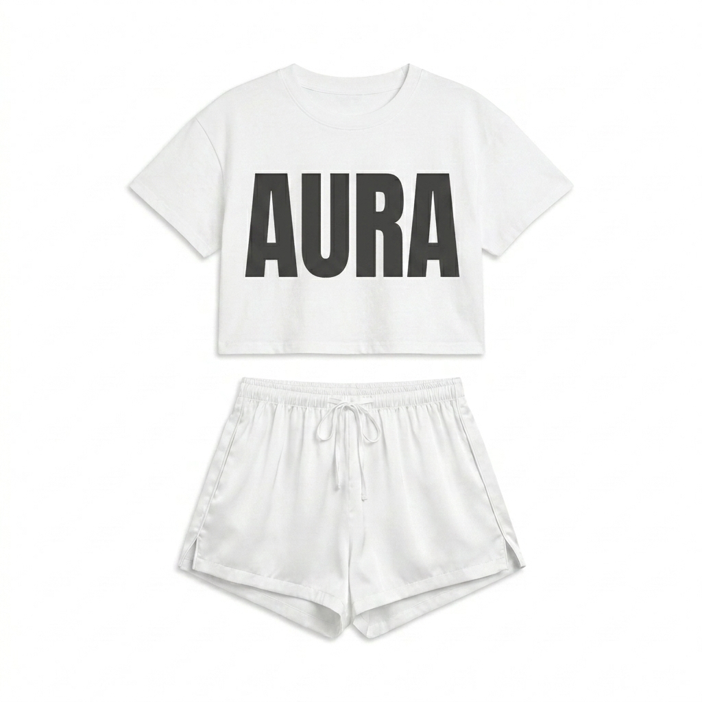 Custom All-Over Print Pajama Shorts design direction 2: Bold Abstract Graphic featuring the AURA wordmark