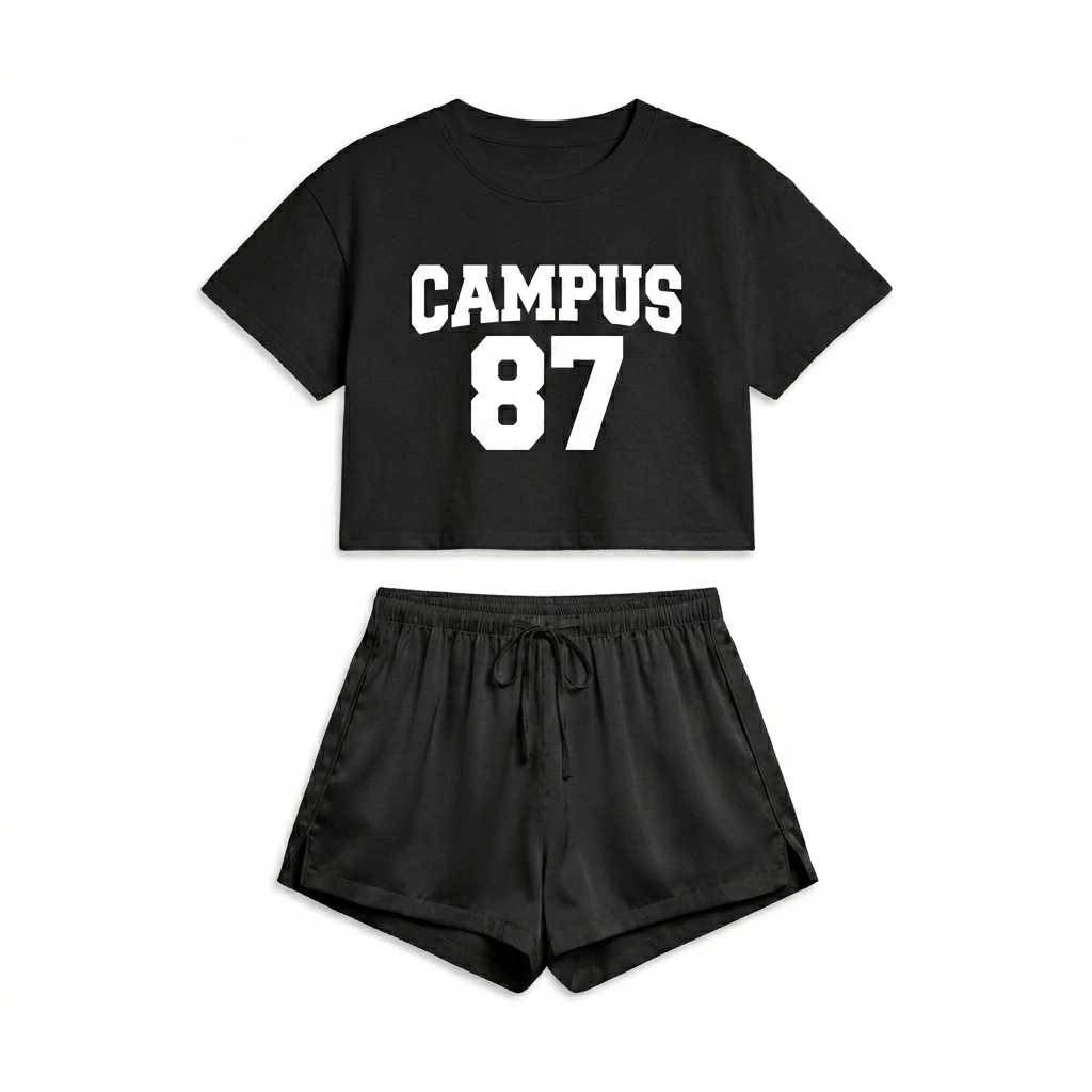 Custom All-Over Print Pajama Shorts design direction 3: Retro Collegiate Emblem featuring the CAMPUS 87 wordmark
