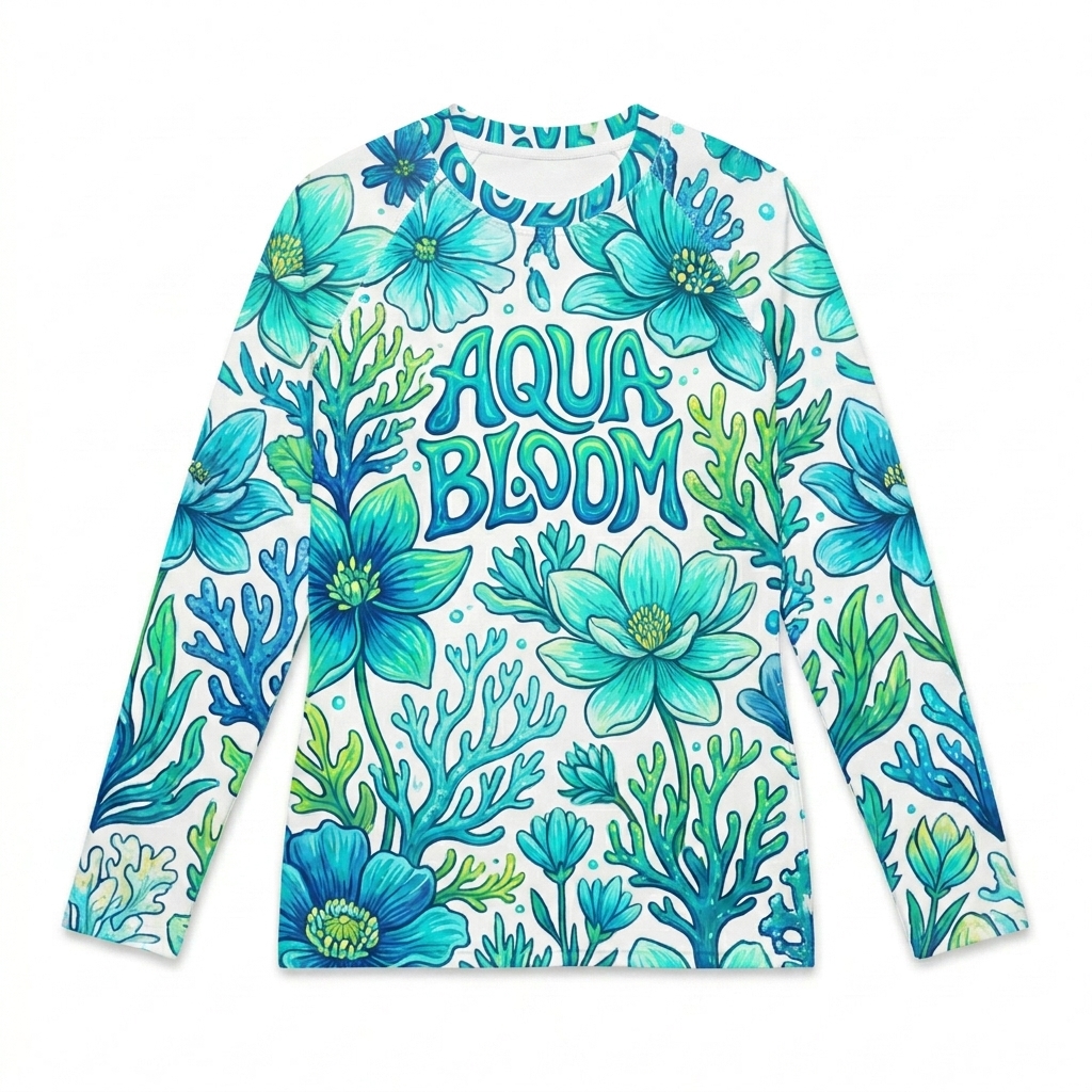 Custom All-Over Print Women's Rash Guard design direction 1: Abstract Botanical Flow featuring the AQUA BLOOM wordmark