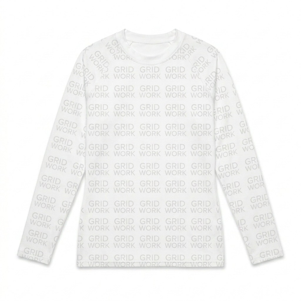 Custom All-Over Print Women's Rash Guard design direction 2: Geometric Grid Energy featuring the GRID WORK wordmark