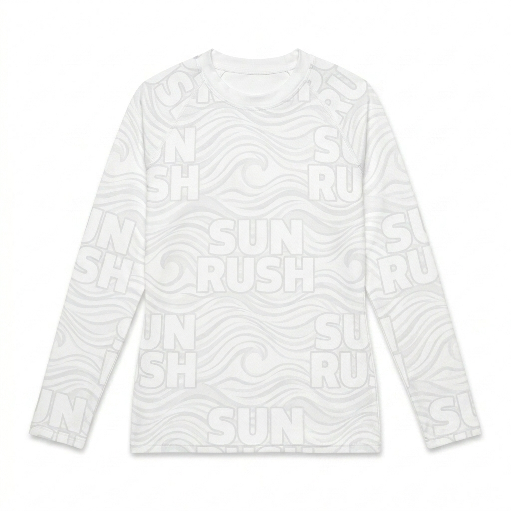 Custom All-Over Print Women's Rash Guard design direction 3: Retro Wave Gradient featuring the SUN RUSH wordmark