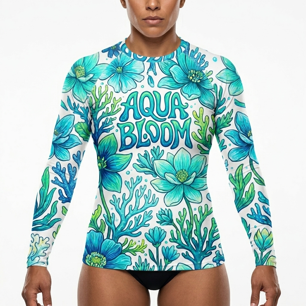 All-Over Print Women's Rash Guard worn by a athletic muscular Hispanic female fashion influencer, y2k revival styling, studio lookbook — custom all-over print women's rash guard