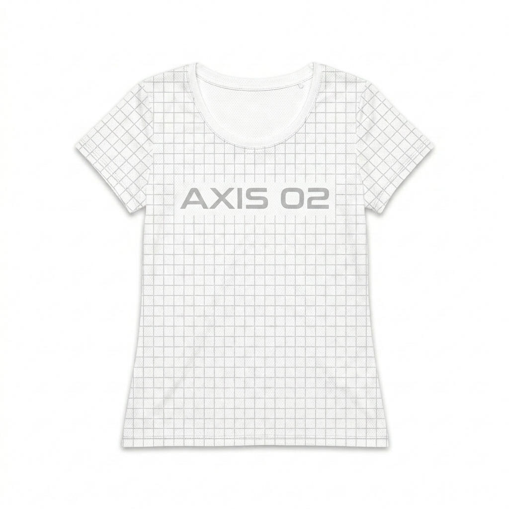 Custom Women's Athletic All-Over Print T-Shirt design direction 1: Geometric Grid Repeat featuring the AXIS 02 wordmark