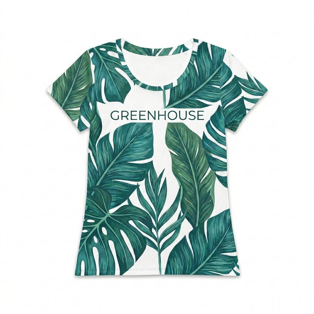Custom Women's Athletic All-Over Print T-Shirt design direction 2: Tropical Leaf Motif featuring the GREENHOUSE wordmark