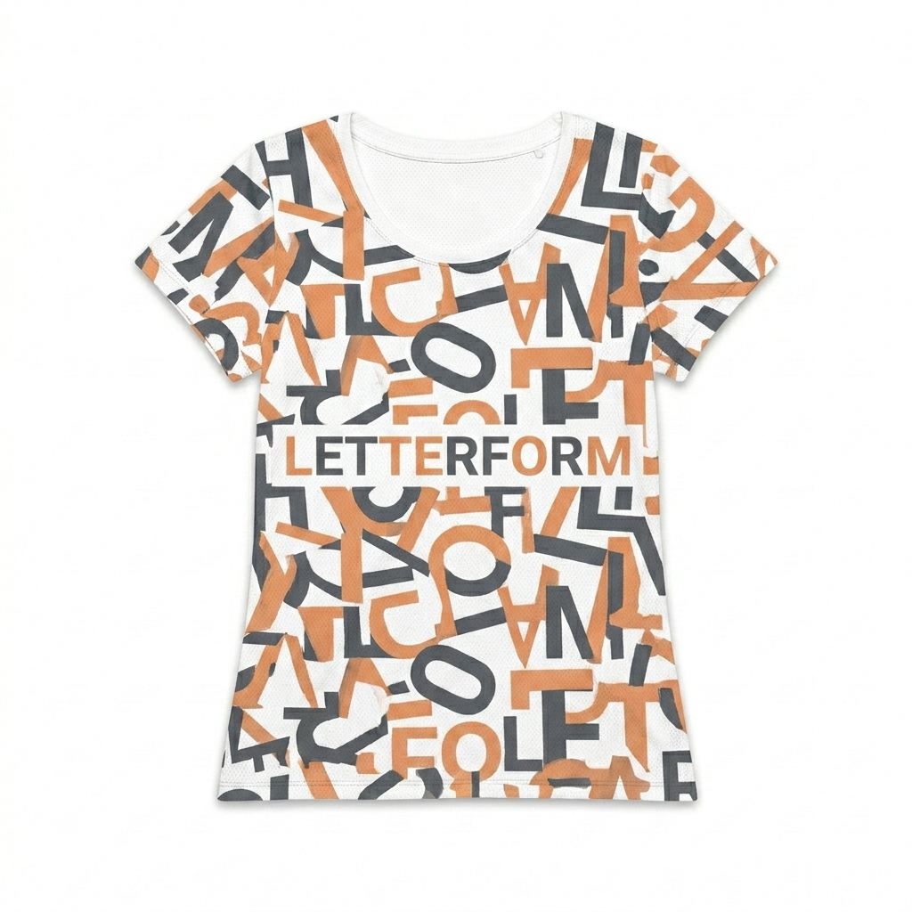 Custom Women's Athletic All-Over Print T-Shirt design direction 3: Abstract Type Pattern featuring the LETTERFORM wordmark