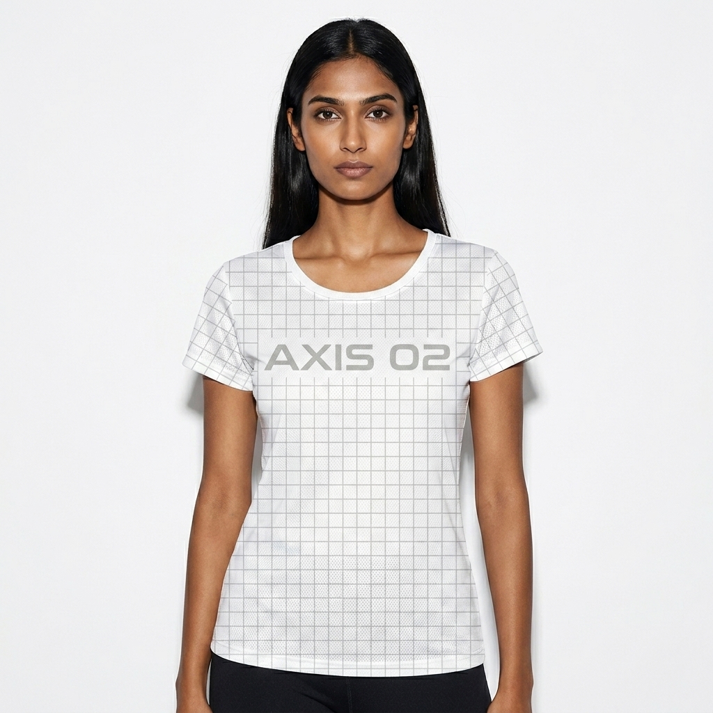 Women's Athletic All-Over Print T-Shirt worn by a slim tall Indian female fashion influencer, techwear modern styling, studio lookbook — custom women's athletic all-over print t-shirt