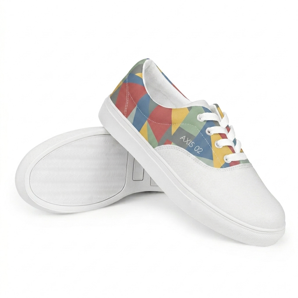 Custom Women's Canvas Lace-Up Shoes design direction 2: Abstract Geometric Graphic featuring the AXIS 02 wordmark