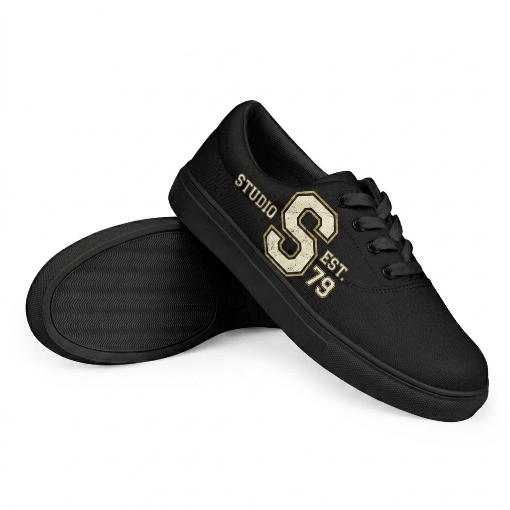Custom Women's Canvas Lace-Up Shoes design direction 3: Retro Collegiate Emblem featuring the STUDIO 79 wordmark