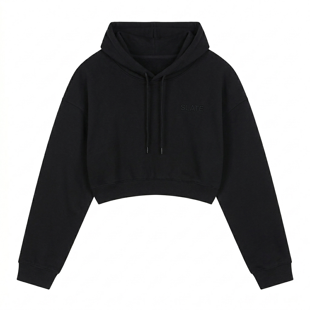 Custom Women's Cropped Hoodie design direction 1: Tonal Minimalist Wordmark featuring the SLATE wordmark