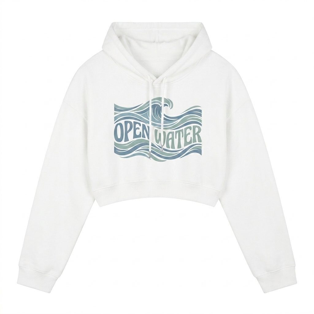 Custom Women's Cropped Hoodie design direction 2: Bold Abstract Graphic featuring the OPEN WATER wordmark