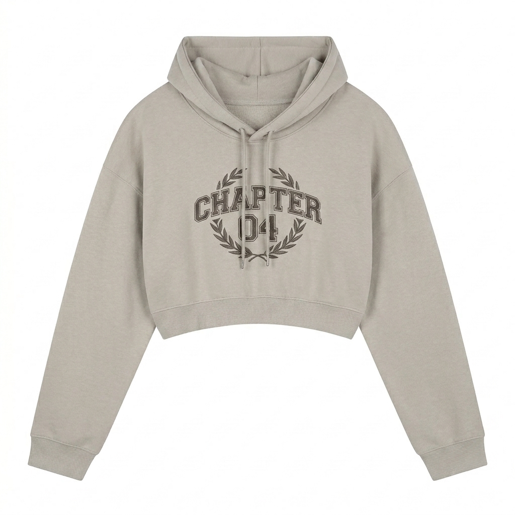 Custom Women's Cropped Hoodie design direction 3: Retro Collegiate Emblem featuring the CHAPTER 04 wordmark