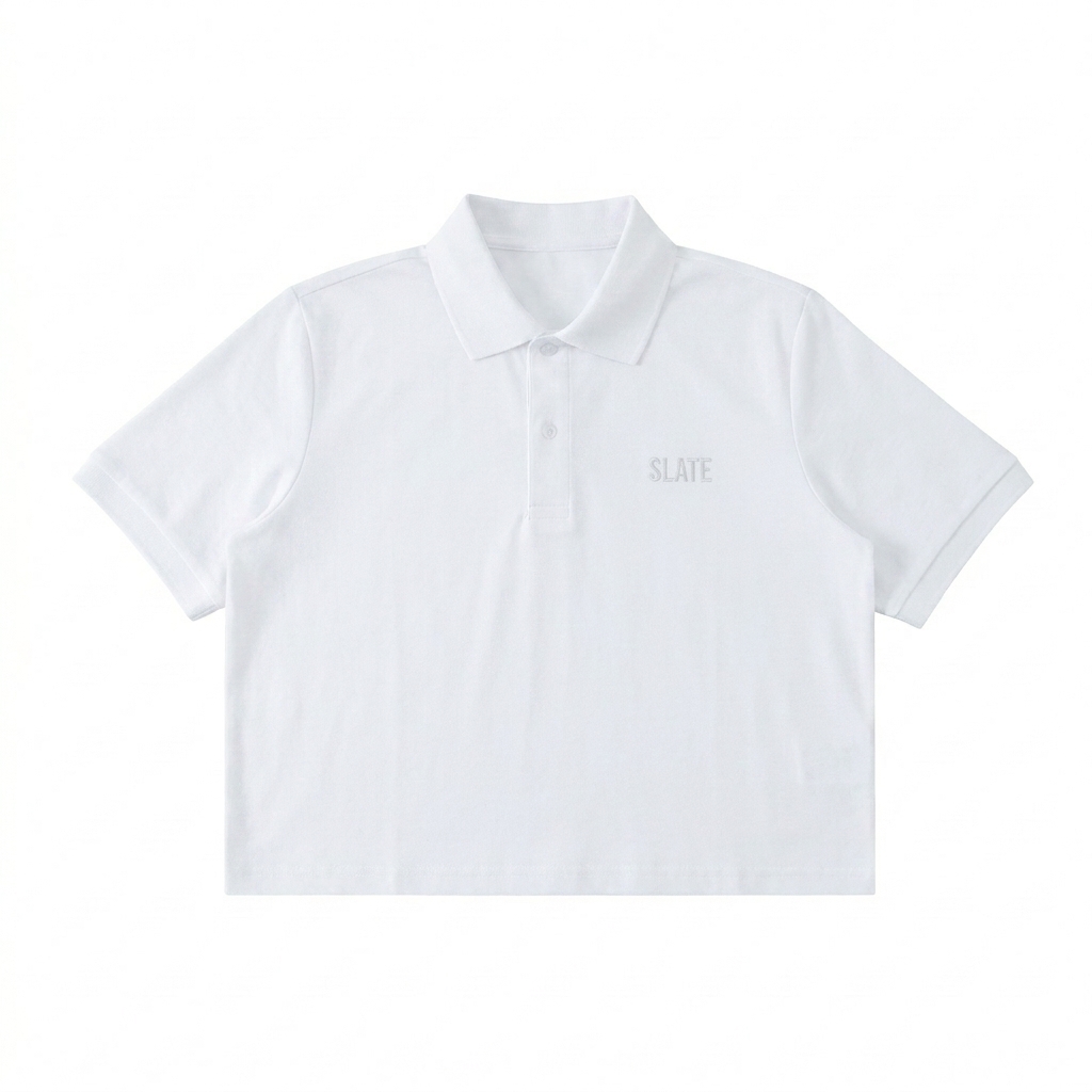 Custom Cropped Polo Shirt design direction 1: Tonal Minimalist Wordmark featuring the SLATE wordmark