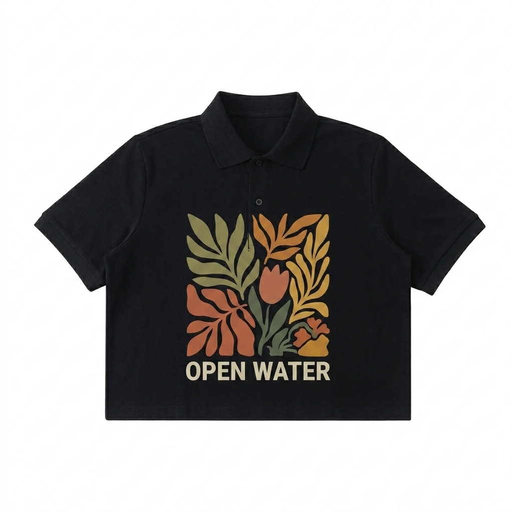 Custom Cropped Polo Shirt design direction 2: Bold Abstract Graphic featuring the OPEN WATER wordmark
