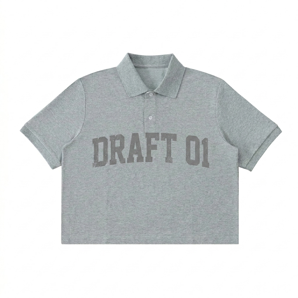 Custom Cropped Polo Shirt design direction 3: Retro Collegiate Typography featuring the DRAFT 01 wordmark