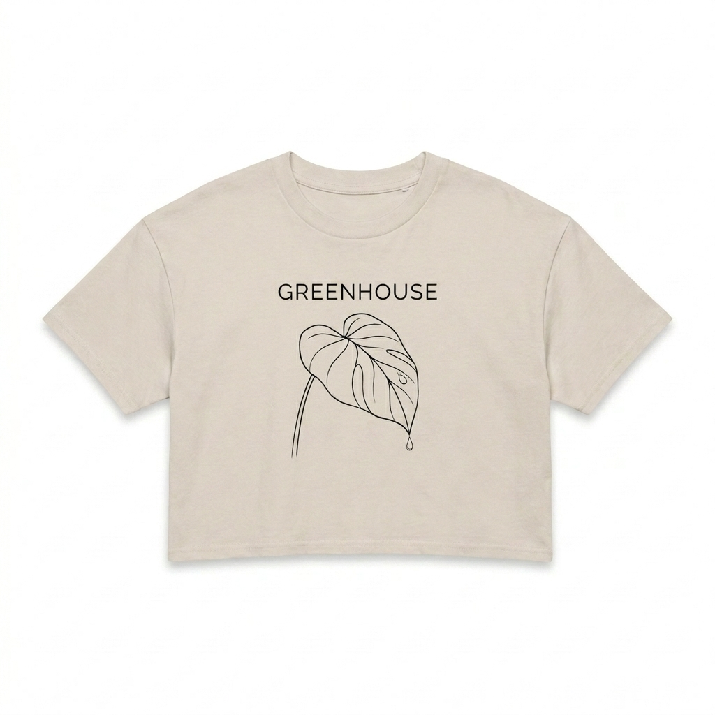 Custom Women's Cropped T-Shirt design direction 2: Botanical Line Art featuring the GREENHOUSE wordmark