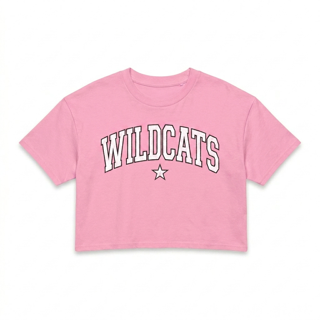 Custom Women's Cropped T-Shirt design direction 3: Retro Collegiate Emblem featuring the WILDCATS wordmark