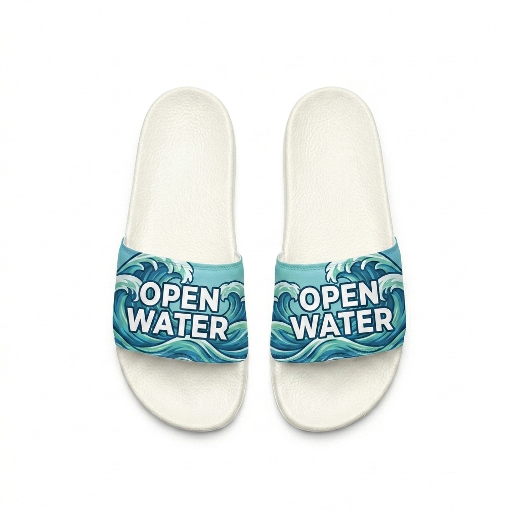Custom Women's Custom Slides design direction 2: Bold Graphic Illustration featuring the OPEN WATER wordmark