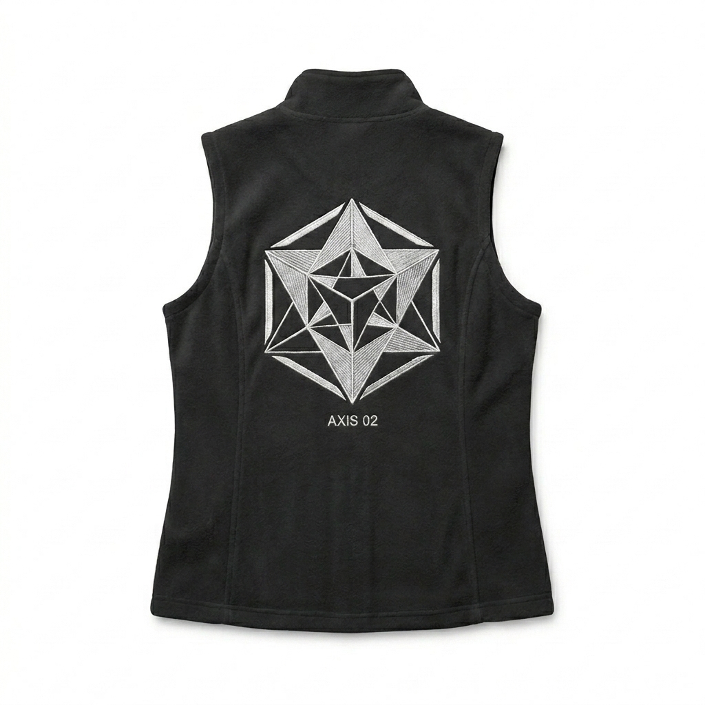 Custom Women's Fleece Vest design direction 2: Bold Abstract Graphic featuring the AXIS 02 wordmark