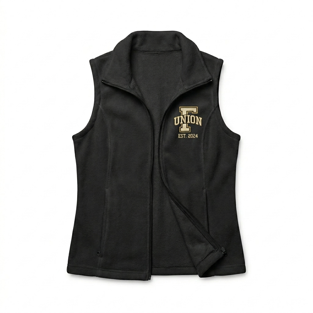 Custom Women's Fleece Vest design direction 3: Retro Collegiate Emblem featuring the FIELD UNION wordmark