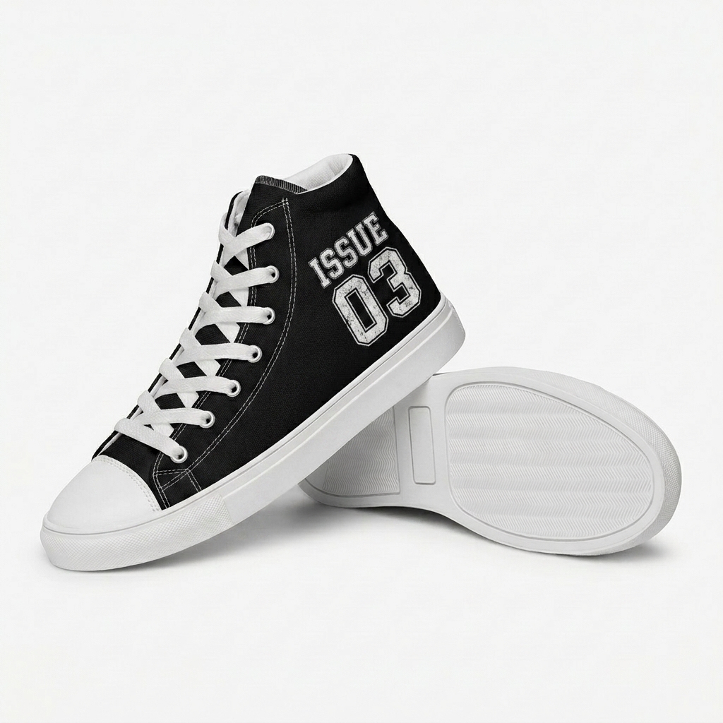 Custom Women's High Top Canvas Shoes design direction 3: Retro Collegiate Text featuring the ISSUE 03 wordmark