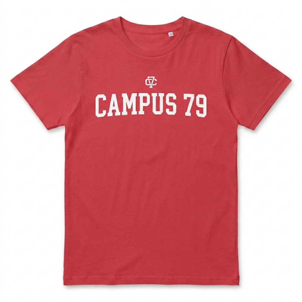 Custom Women's High-Waisted Tee design direction 3: Retro Collegiate Emblem featuring the CAMPUS 79 wordmark